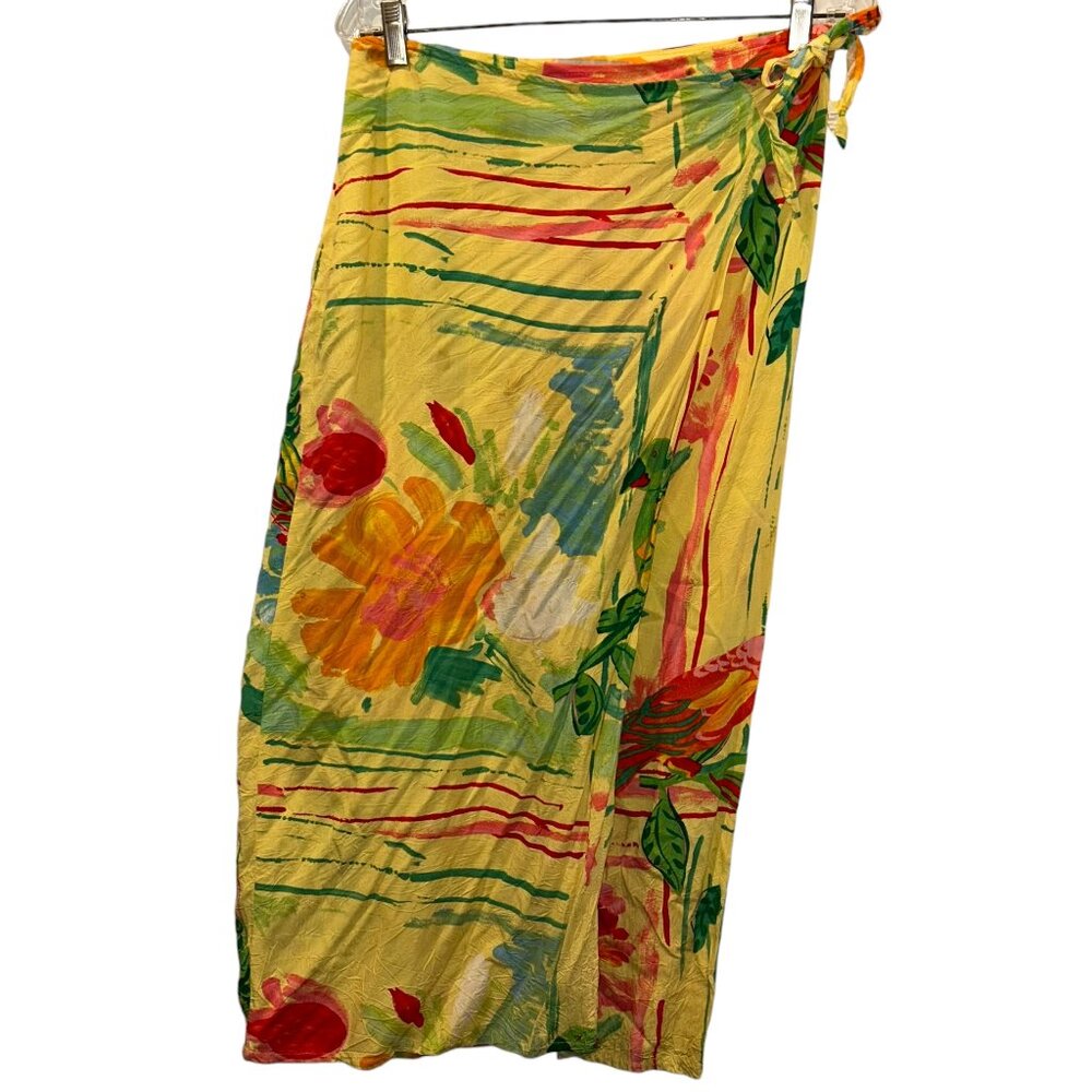 jams world SWIM vintage 80s yelllow floral green parrot toucan wrap skir…
